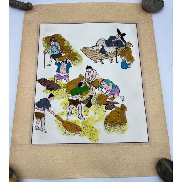 Vintage Korean Silk Embroidery Rice Harvest Scene With Yangban Overseer Panel - Picture 1 of 7